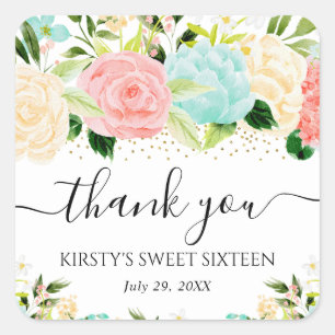 Watercolor Pink and Mint Flowers Sweet Sixteen Square Sticker