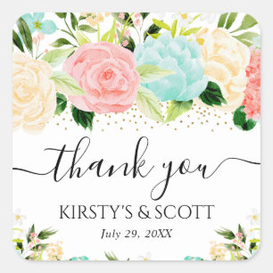 Watercolor Pink and Mint Flowers Wedding Square Sticker