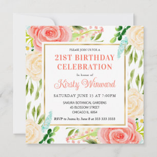 Watercolor Pink and Mint Summer Flowers Birthday Invitation