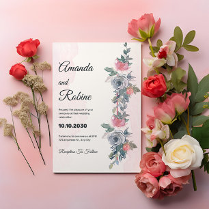 Watercolor Pink and Navy Floral Wedding Invitation