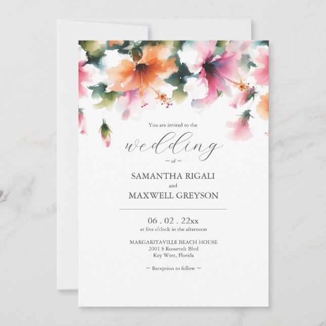 Watercolor Pink and Orange Floral Wedding Invitation (Front)