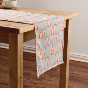 Watercolor pink and orange pumpkin grey background short table runner