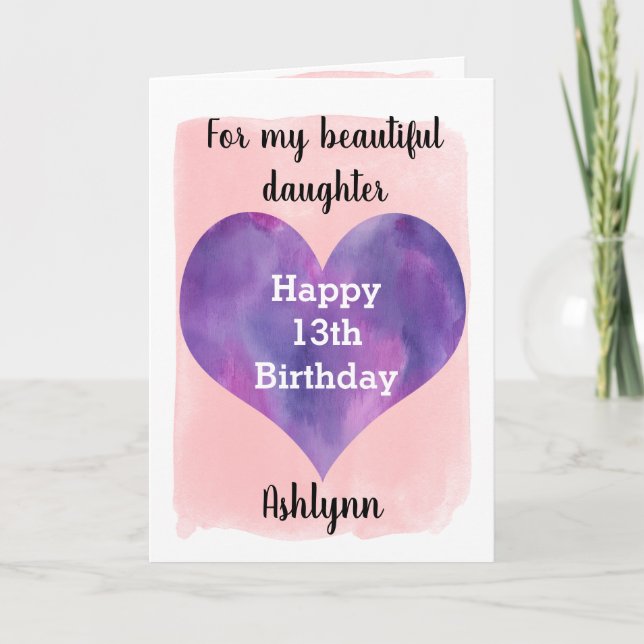 Watercolor Pink and Purple 13th Birthday Daughter Card (Front)