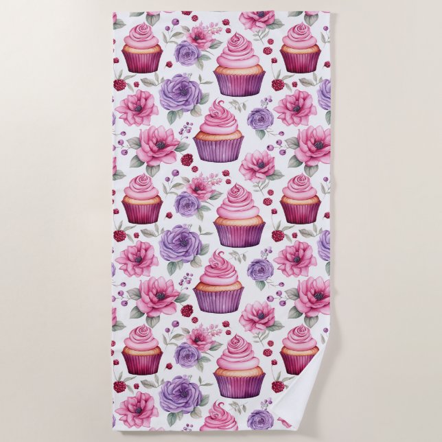 Watercolor Pink and Purple Cupcakes and Flowers Beach Towel (Front)