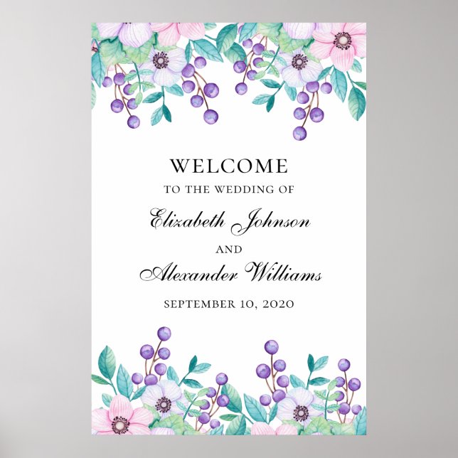 Watercolor pink and purple floral wedding welcome poster (Front)