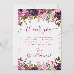Watercolor Pink and Purple Flowers Birthday Thank You Card