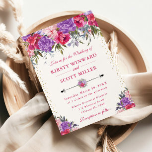 Watercolor Pink and Purple Flowers Wedding Invitation