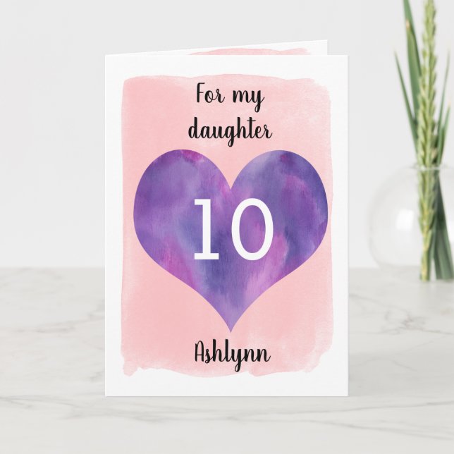 Watercolor Pink and Purple Heart 10th Birthday Card (Front)