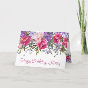 Watercolor Pink and Purple Spring Flowers Birthday Card