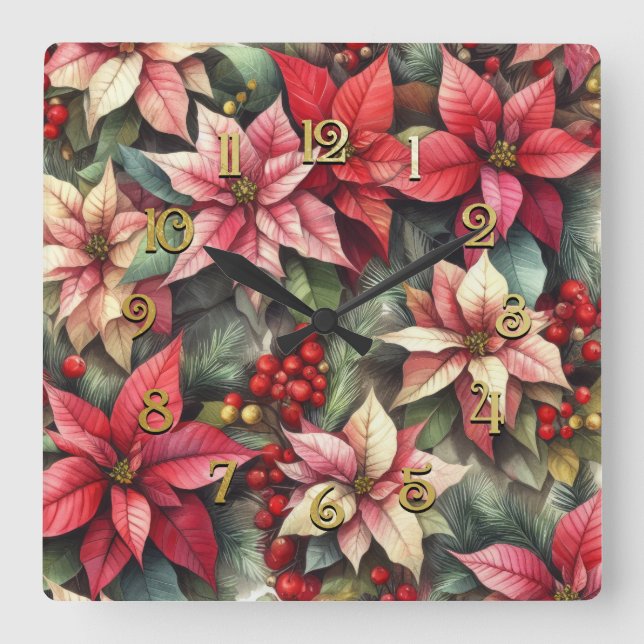 Watercolor Pink and Red Poinsettia Square Wall Clock (Front)