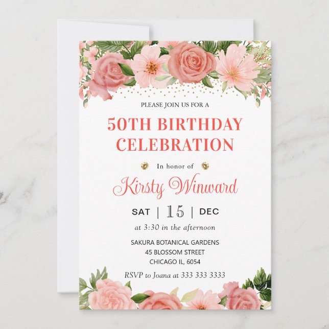 Watercolor Pink and Red Roses 50th Birthday Invitation (Front)