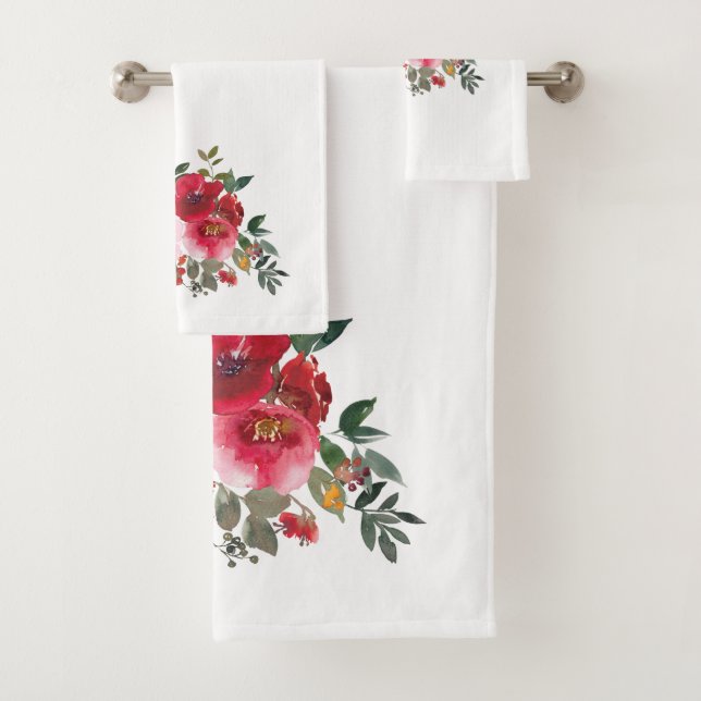 Watercolor Pink and Red Roses On White  Bath Towel (Insitu)