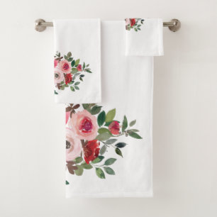 Watercolor Pink and Red Roses On White Bath Towel Set