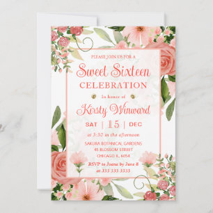 Watercolor Pink and Red Roses Sweet Sixteen Invitation