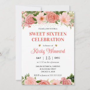Watercolor Pink and Red Roses Sweet Sixteen Invitation