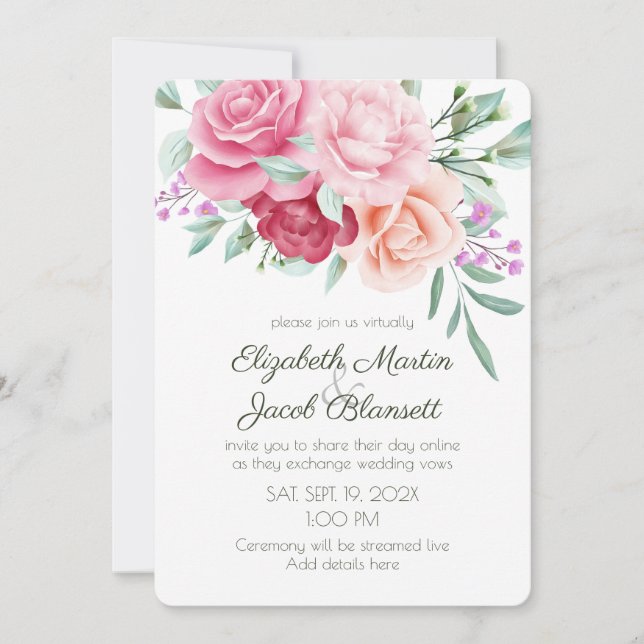 Watercolor Pink and Red Roses Virtual Wedding Invitation (Front)