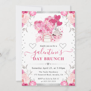 Watercolor Pink and Silver Flowers Galentine's Day Invitation
