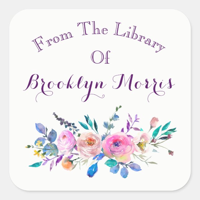 Watercolor Pink And Teal Floral Bookplate Square Sticker (Front)