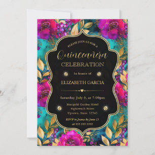 Watercolor Pink and Teal Flowers Quinceanera Invitation