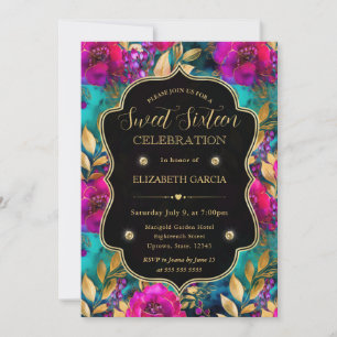 Watercolor Pink and Teal Flowers Sweet 16 Invitation