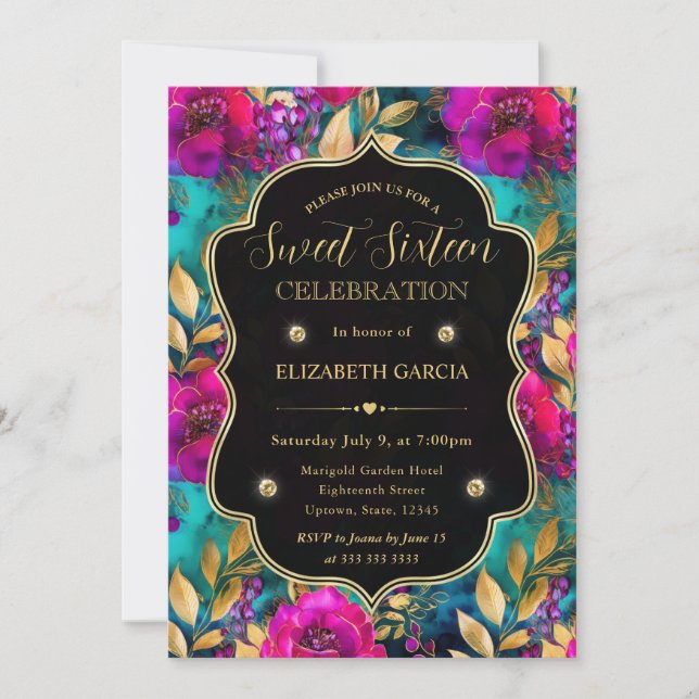 Watercolor Pink and Teal Flowers Sweet 16 Invitation (Front)