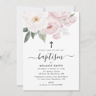 watercolor pink and white flowers baptism invitation