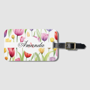Watercolor Pink and White Monogramed Tulip Pattern Luggage Tag