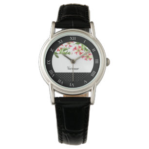 Watercolor Pink and White Petunias Polka Dot Roman Watch