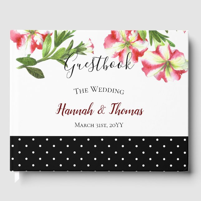 Watercolor Pink and White Petunias Polka Dots Guest Book (Front)