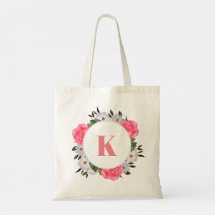 Watercolor Pink and White Roses Circle Wreath Tote Bag