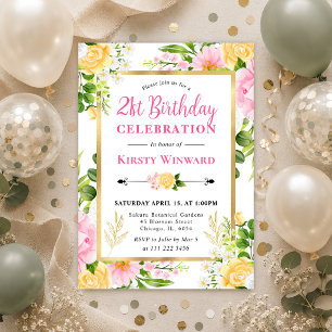 Watercolor Pink and Yellow Flowers 21st Birthday Invitation