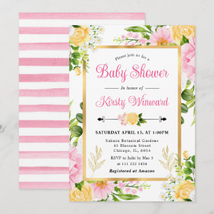 Watercolor Pink  and Yellow Flowers Baby Shower Invitation