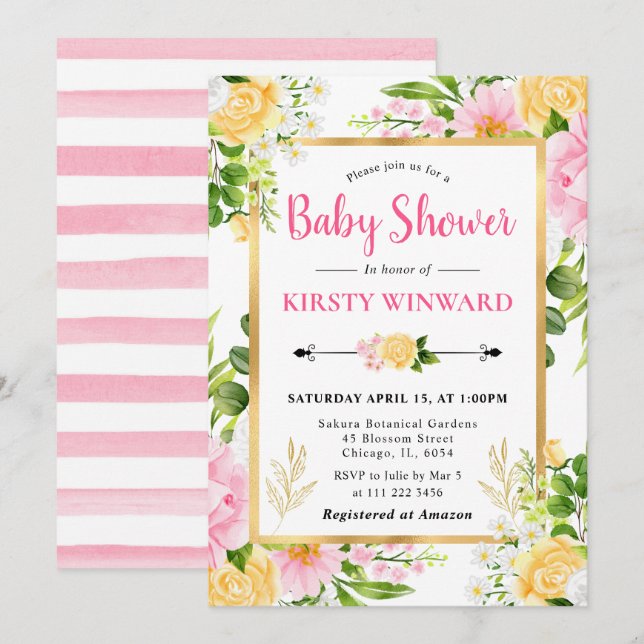 Watercolor Pink and Yellow Flowers Baby Shower Invitation (Front/Back)