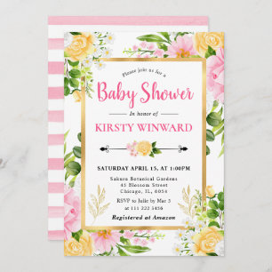 Watercolor Pink and Yellow Flowers Baby Shower Invitation