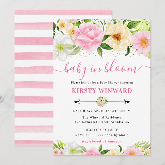 Watercolor Pink and Yellow Flowers Baby Shower Invitation (Front/Back)