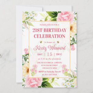 Watercolor Pink and Yellow Flowers Birthday Invitation