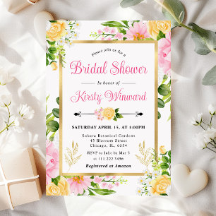 Watercolor Pink and Yellow Flowers Bridal Shower Invitation
