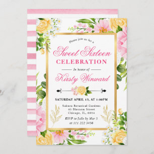 Watercolor Pink  and Yellow Flowers Sweet 16 Invitation