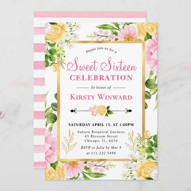 Watercolor Pink and Yellow Flowers Sweet 16 Invitation (Front/Back)