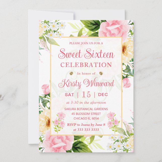 Watercolor Pink and Yellow Flowers Sweet Sixteen Invitation (Front)