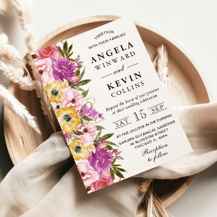 Watercolor Pink and Yellow Flowers Wedding Invitation