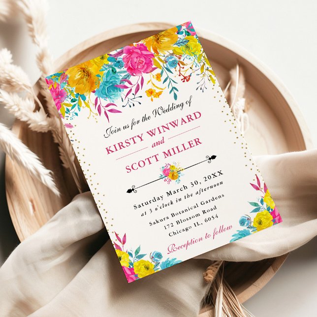 Watercolor Pink and Yellow Flowers Wedding Invitation (Creator Uploaded)