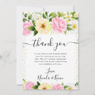 Watercolor Pink and Yellow Flowers Wedding Thank You Card