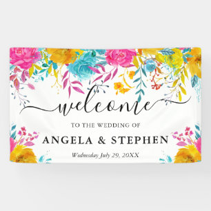 Watercolor Pink and Yellow Flowers Wedding Welcome Banner