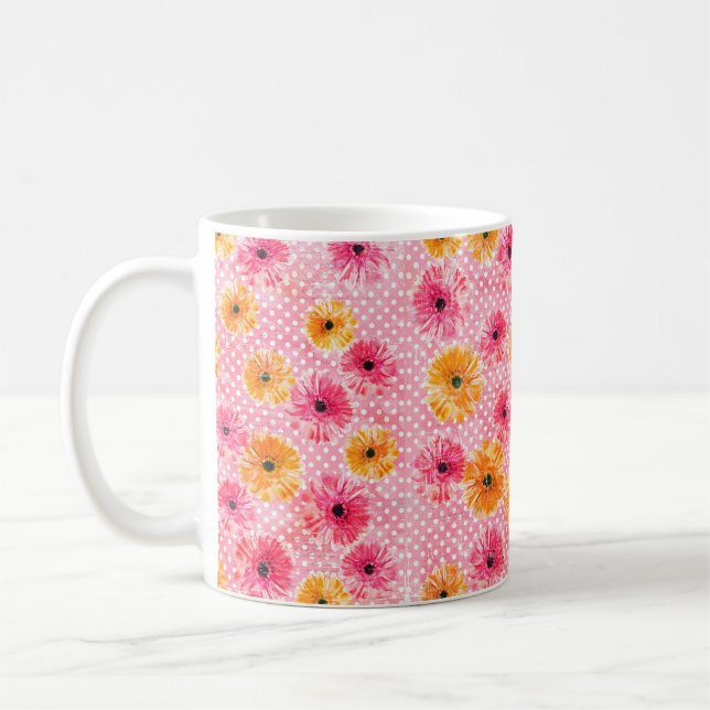 Watercolor pink and yellow gerbera flowers pattern coffee mug (Left)