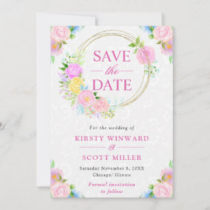 Watercolor Pink and Yellow Summer Wreath Wedding Save The Date