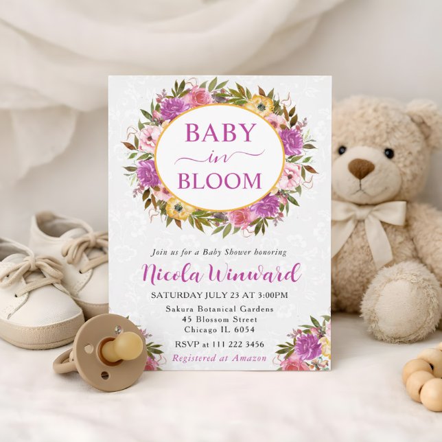 Watercolor Pink and Yellow Wreath Baby Shower Invitation (Creator Uploaded)