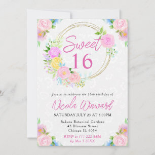 Watercolor Pink and Yellow Wreath Sweet 16 Invitation