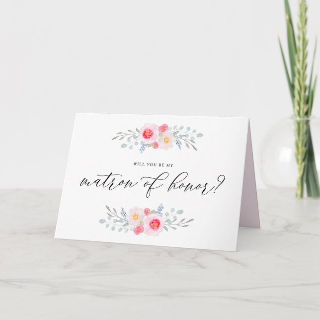 Watercolor Pink Anemones Be My Matron of Honour Card (Front)