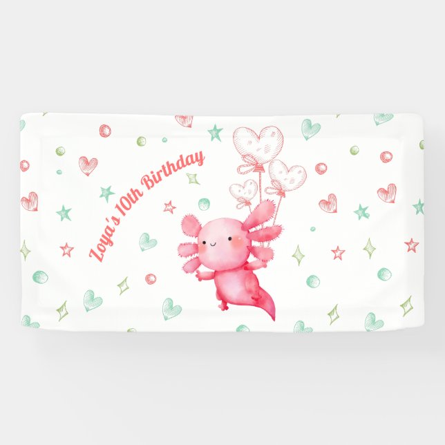 Watercolor Pink Axolotl Fun Kids Birthday Party Banner (Horizontal)